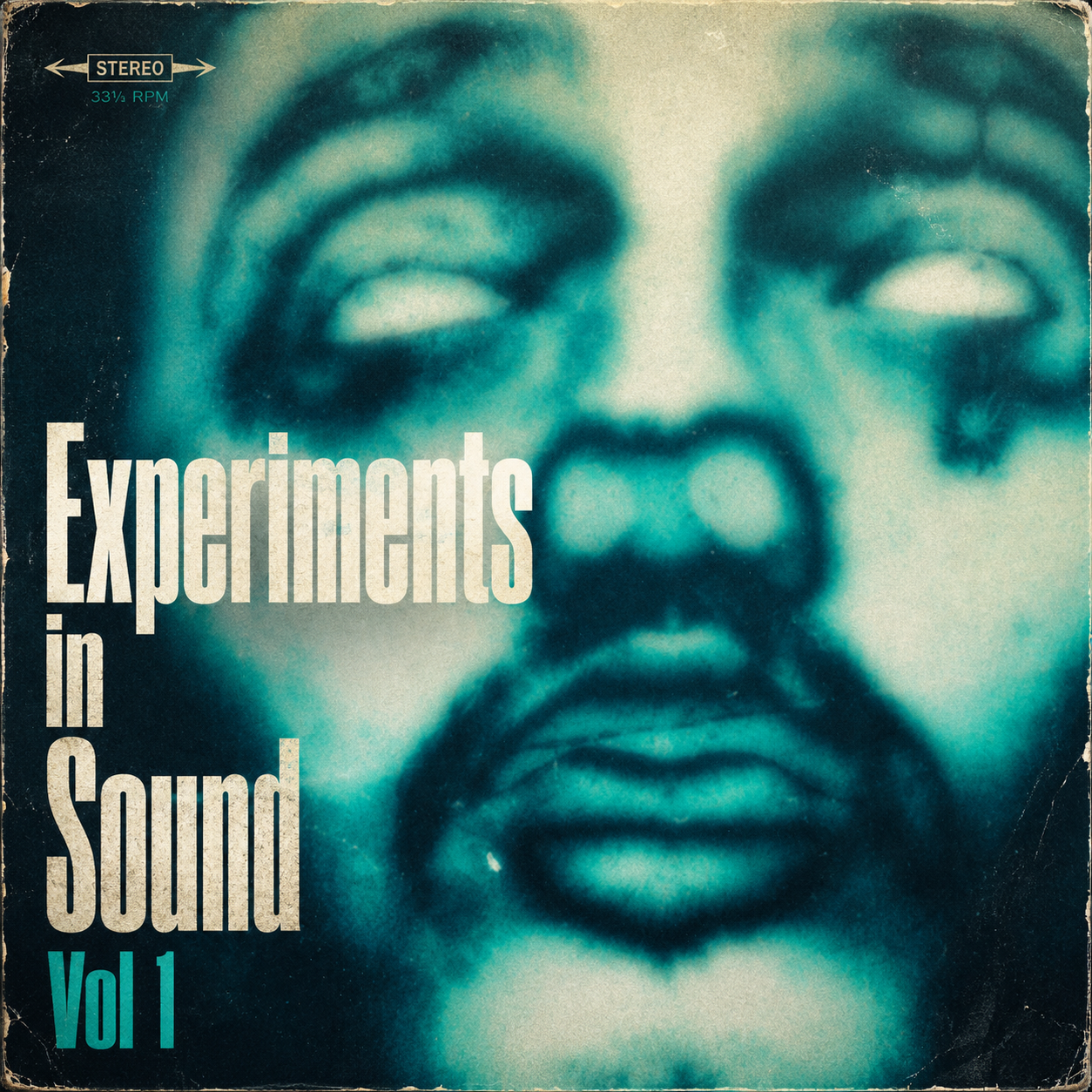 A close-up, high-contrast title card in shades of deep blue and black, featuring an artistic overlay of a human face with a stylized, double-exposed appearance. Text on the left side reads "Experiments in Sound Vol 1" in a stark white, sans-serif font.