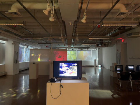 A dimly lit media gallery featuring a monitor setup on a pedestal in the foreground and a projection screen displaying Images on the back windowa