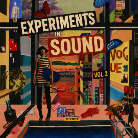 A vibrant, surrealist multimedia collage featuring a city street scene. The words "EXPERIMENTS IN SOUND VOL 2" dominate the center in bold block letters across a building façade. On the left stands a fashion model mannequin in a striped dress and dark tights, next to an upside-down classical sculpture face. On the right, a building is stylized like a stack of magazine covers, including "VOGUE" and "THE PAPER PALACE." Retro signs like "EASY point STYLE effective," "LOVE," and "ALWAYS CAFE" are scattered throughout.